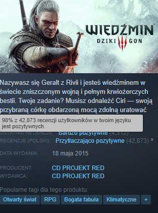 Nowa, domyślna opcja Steama, wyświetlająca tylko informacje o recenzjach w języku gracza, tutaj o polskich.